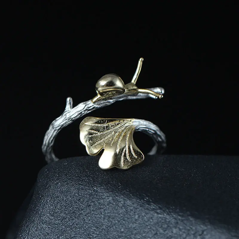 New design 925  silver art small fresh ginkgo leaf ring female cute snail ring a - £30.52 GBP