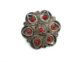 Antique Sterling Made in Israel signed betzalel Coral Round Filigree Brooch - $64.35