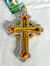 Old World Christmas glass Ornament 36068 jeweled cross 5” shiny gold gre... - $284.12 MXN