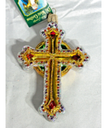Old World Christmas glass Ornament 36068 jeweled cross 5” shiny gold gre... - €12,91 EUR