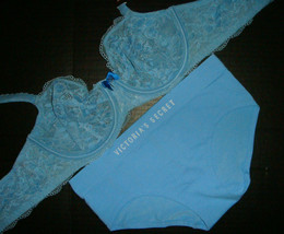 Nwt Victoria&#39;s Secret Unlined 34B,34DDD Bra Set S,L Panty Baby Blue Lace Body By - £55.65 GBP