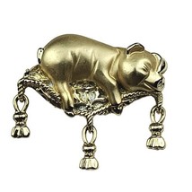 Ajc Signed Satin Gold Tone Pig Piglet On Pillow Tassel Brooch Pin - £11.19 GBP