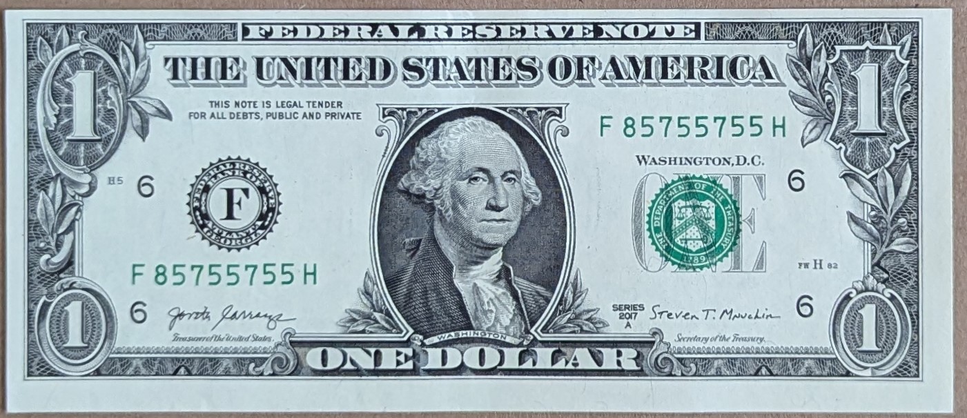 US$1 Fancy Banknote 2017A 5-of-a-kind  Lucky 5&#39;s  85755755 - $4.95