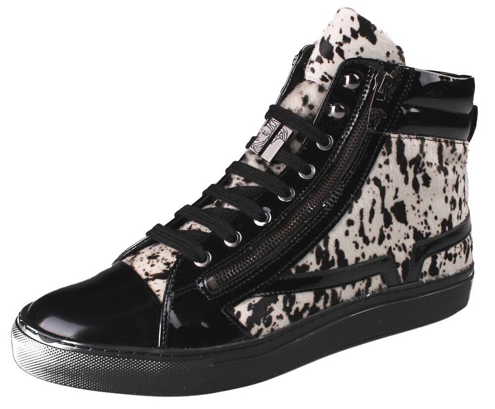 Versace Collection Black Pony Hair Patent Leather HI-Top Zip-Up Fashion Sneakers - £280.14 GBP