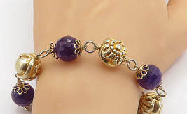925 Sterling Silver - Vintage Amethyst Shiny Floral Bead Chain Bracelet - BT2142 - £69.55 GBP