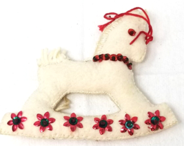 White Horse Sequin Christmas Ornament Red Star Color Fabric 1980s Vintage - £9.07 GBP