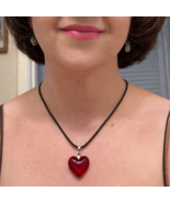 Red Glass Small Heart Necklace Deep Red Puffy Heart Pendant Romantic Lov... - $17.79