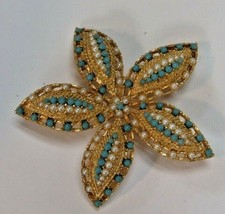 Sarah Coventry Seed Pearl &amp; Blue Turquoise 2.25&quot; Starfish Brooch Pin Excellent - £15.84 GBP