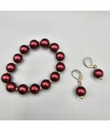 Red Faux Pearl Bracelet Earrings Set Pierced Ear Leverback Glass Bead St... - $557.69 MXN
