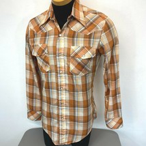 JCPenney Western Shirt Vintage size S Tapered Pearl Snap Orange Plaid Gold S5 - £17.54 GBP