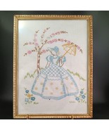 Vintage 1940&#39;s (?) Cross Stitch on Linen Woman On A Springtime Walk Need... - $34.26 CAD