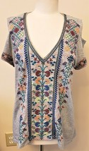Johnny Was Floral Embroidered Top Sz-M Gray 100%Cotton - £56.06 GBP