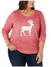 Style&amp;Co Womens 0X Red Christmas Reindeer Embellished Lightweight Sweater NEW - £11.03 GBP