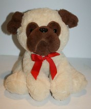 Walgreens Pug Dog Hug Me Cream Brown Plush Puppy Sits 12&quot; Stuffed Soft Red Bow - £11.60 GBP