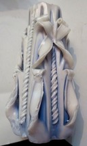 Vintage 1970s Hand Carved Ribbon Wax Candle MCM Retro Candle Blue &amp; White Unused - £15.01 GBP