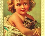 Christmas Greetings Adorable Child and Kitten Cat UNP Embossed Postcard ... - £4.87 GBP