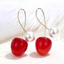 Cute Red Cherry Earrings for Women Fashion Fruit Dangle Earrings Bohemian Pearl  - £7.73 GBP