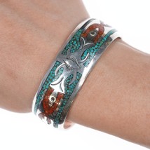6.5&quot; Vintage Navajo Chip inlay cuff bracelet with stamped edges - £107.09 GBP
