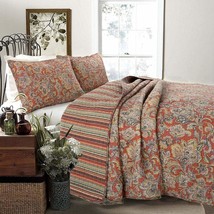 Red Orange Vintage Reversible 100% Cotton 3-Piece Quilt Bedding Set, Coverlet Be - £94.10 GBP