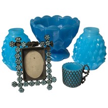 Antique French Opaline Blue Glass Collection Of Small Dresser Items &amp; Frame - $75.00