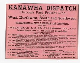 Original 1890's Kanawha Dispatch Railroad Ad Through Fast Freight Line - $21.75