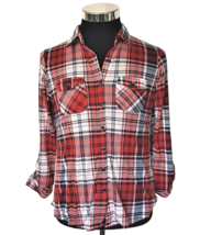 Rue 21 Blouse Juniors Size Large Red Plaid Flannel Knit Ivory Lace Back LS - £11.87 GBP