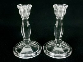 Pair of 4&quot; Glass Candle Sticks, Six-Sided Stem, Paneled Base, Holds 3/8&quot; Candles - £15.62 GBP