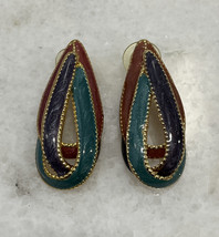 Gold Tone Tri Colored Enamel Intertwined Teardrop Earrings - $14.22