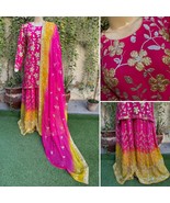 Pakistani Hot Pink Straight Style Embroidered Sequins Chiffon Sharara Dr... - $147.51