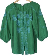 J Jill Top Womens Size PL Green Embroidered Boho Peasant Linen Blend Pet... - $433.01 MXN