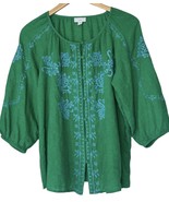 J Jill Top Womens Size PL Green Embroidered Boho Peasant Linen Blend Pet... - $433.01 MXN
