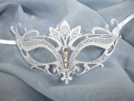 White Crystal Tiara Laser Cut Venetian Mask Masquerade Halloween Metal Filigree - £10.32 GBP