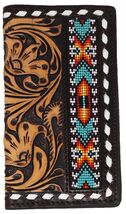 Men's Western Antique Floral Tooled Leather Beaded Inlay Rodeo Wallet 18... - $46.52