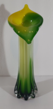 Vintage Murano Style Jack In The Pulpit Vase Yellow Green Ribbed Clear Overlay - £27.04 GBP