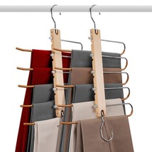 Pants Hangers 2Pcs Pants Hangers Space Saving,Wooden Multiple Layers Pants Rack  - £17.73 GBP