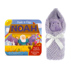 Baby Baptism New Baby Gift Noah&#39;s Ark Board Book Blanket Plush Purple Hippo Set - £23.22 GBP