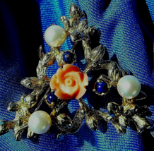 Coral Pearls Lapis Brooch Floral Design Deco Solid 14k Gold 11.4 grams U... - £1,424.23 GBP