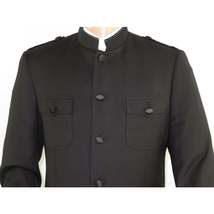 Men Apollo King Banded Collarless suit Mandarin Military Style 5button K1 Black image 4