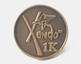 Xango 1K Round Brass Tone Promo Lapel Pin Tie Tack Mangosteen Drink - £20.56 GBP