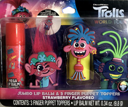Dreamworks Trolls World Tour Jumbo Lip Balm 3 Finger Puppet Toppers Strawberry - £7.78 GBP