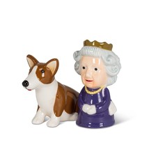 Queen and Corgi Salt Pepper Set Ceramic 3.5" High Royalty Purple Collectible image 1