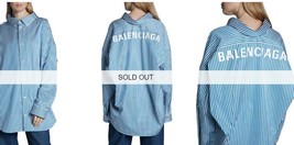 Nwt Authentic Balenciaga Logo-Back Satin Striped Poplin Swing Shirt 34 - £255.56 GBP