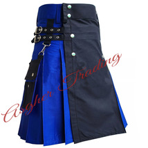 Scottish Handmade Utility Kilt For Men Black &amp; Blue Utility Hybrid Fashion Kilt - £54.05 GBP