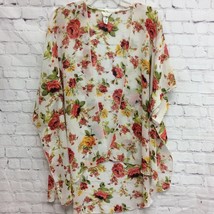 Emory Park Womens Open Front Blouse White Red Floral Long Sleeve Top M - $7.68