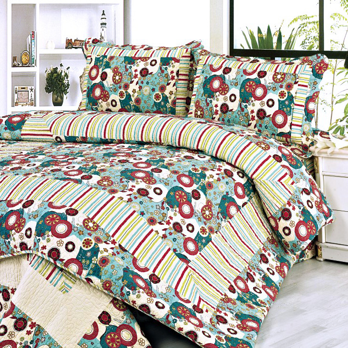 [Dianthe] 100% Cotton 3PC Floral Vermicelli-Quilted Patchwork Quilt Set (Full/Qu