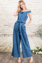 Fold-over Collar Detailed Button Down Off-shoulder Chambray Denim Wide L... - £28.15 GBP