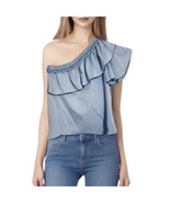 Parker One Shoulder Embroidered Ruffle Trim Top Size M Blue Cotton Boho ... - $14.95
