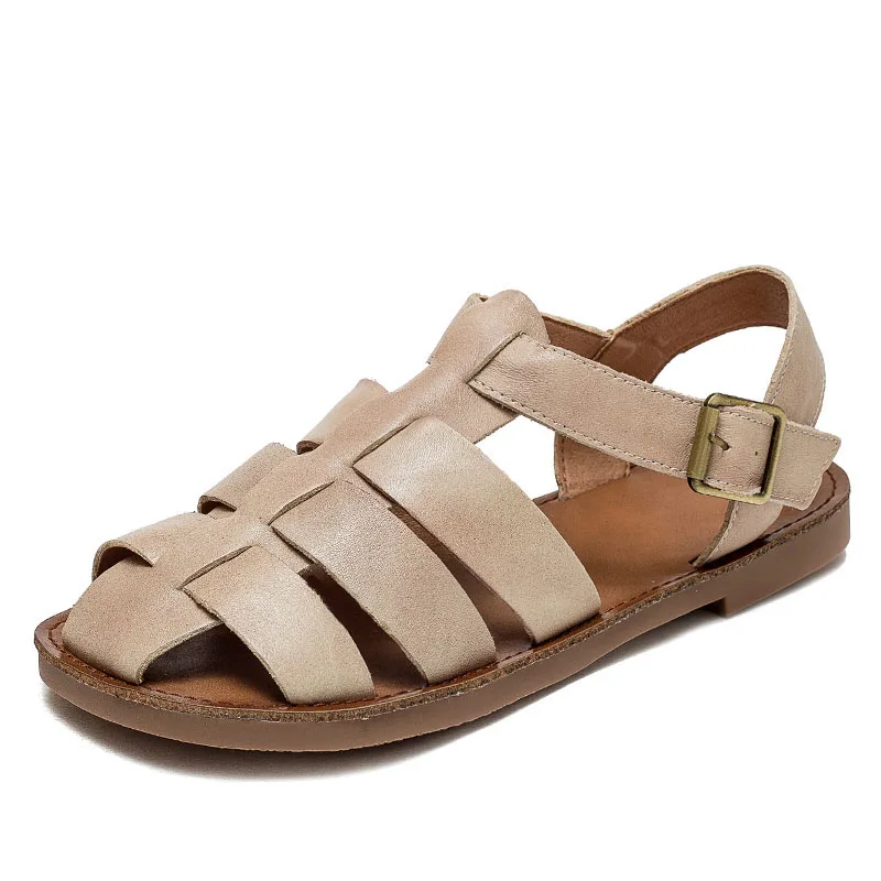 Handmade Vintage Genuine Leather Flat Sandals Women Summer Roman Sandals... - $72.59