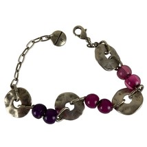 Sin Receta Metal Brushed Silver Tone &amp; Purple Link Bracelet Vintage 8.5&quot; - £23.21 GBP