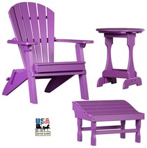 3pc 4 Season Purple Adirondack Set Folding Chair Ottoman &amp; Candy Table Amish Usa - £652.26 GBP